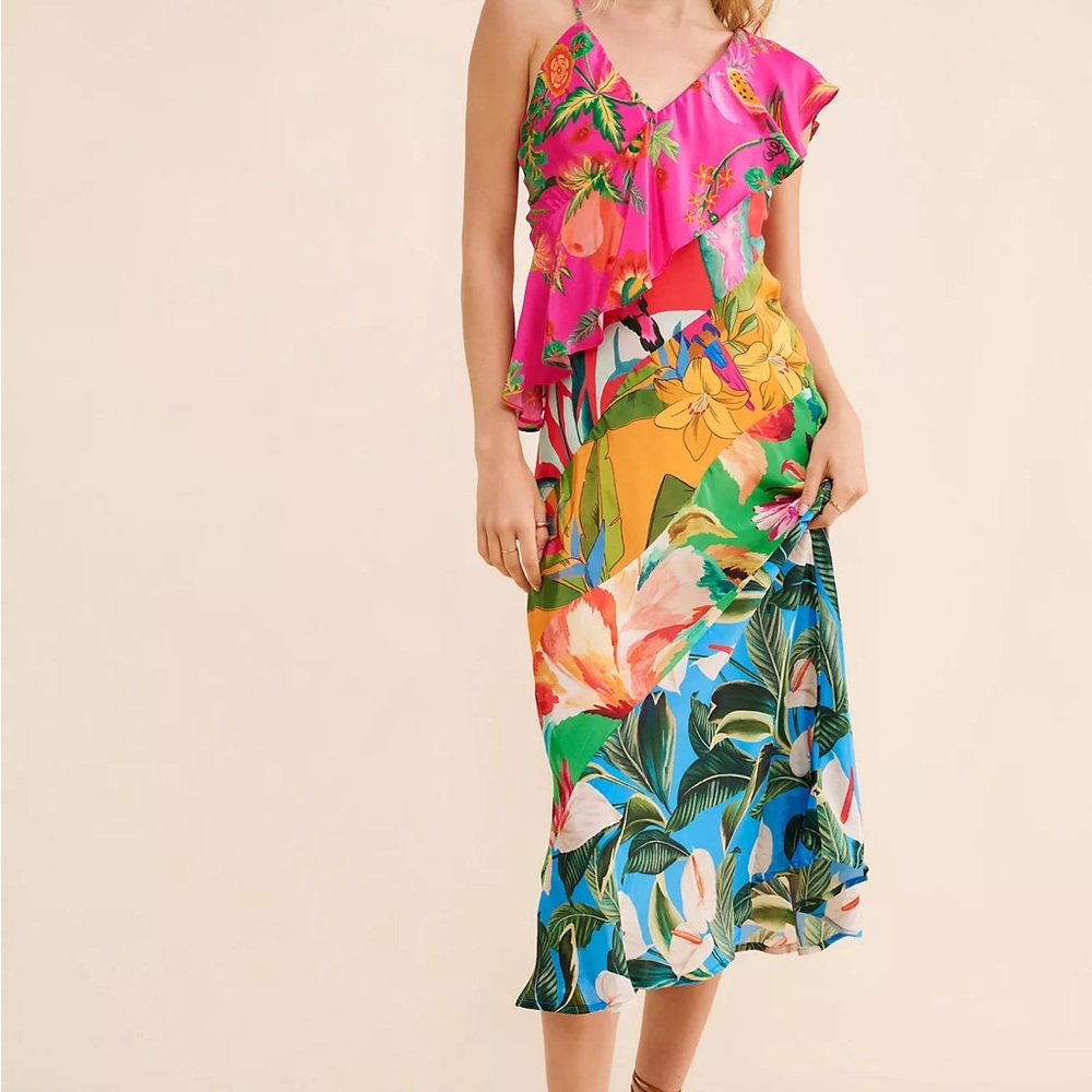 FARM Rio Mixed Flowery Ruffle One Shoulder Dress Size Small (Flawed)